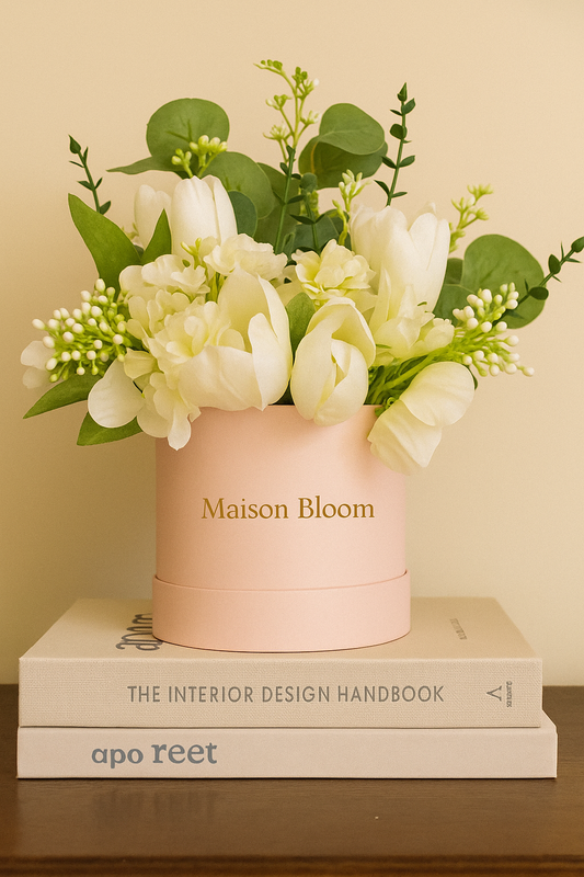 Théa White Tulip & Blush Rose Hatbox Arrangement