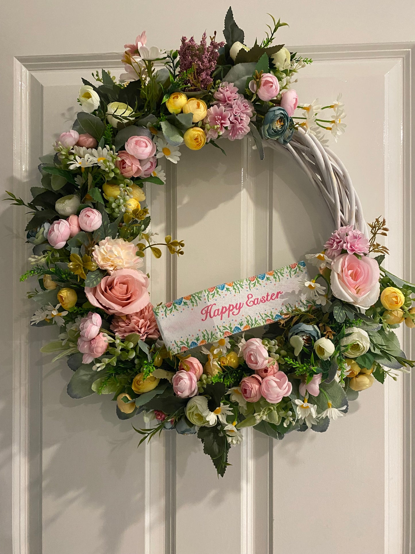 Spring Pastel Floral Wreath with Removable Easter Ribbon – 16 inch base