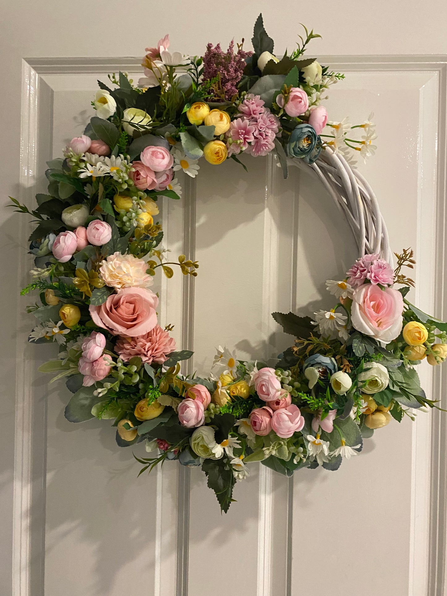 Spring Pastel Floral Wreath with Removable Easter Ribbon – 16 inch base